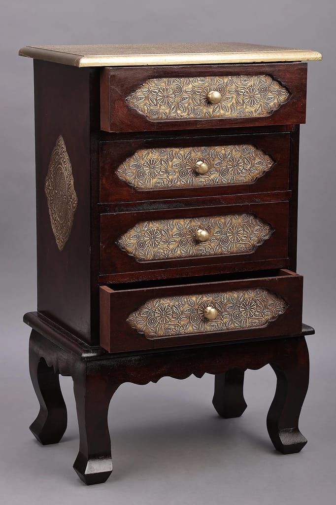 Wood To Cart® Rajasthani Brass Wooden Bedside Table | Nightstand 4 Chest of Drawer | End Table | Storage Organizer | Entryway Drawer Table Bedroom Furniture(18x12x26") view 2