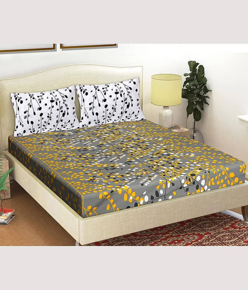 FrionKandy Living Cotton Floral Printed Double Bedsheet with 2 Pillow Covers - Grey