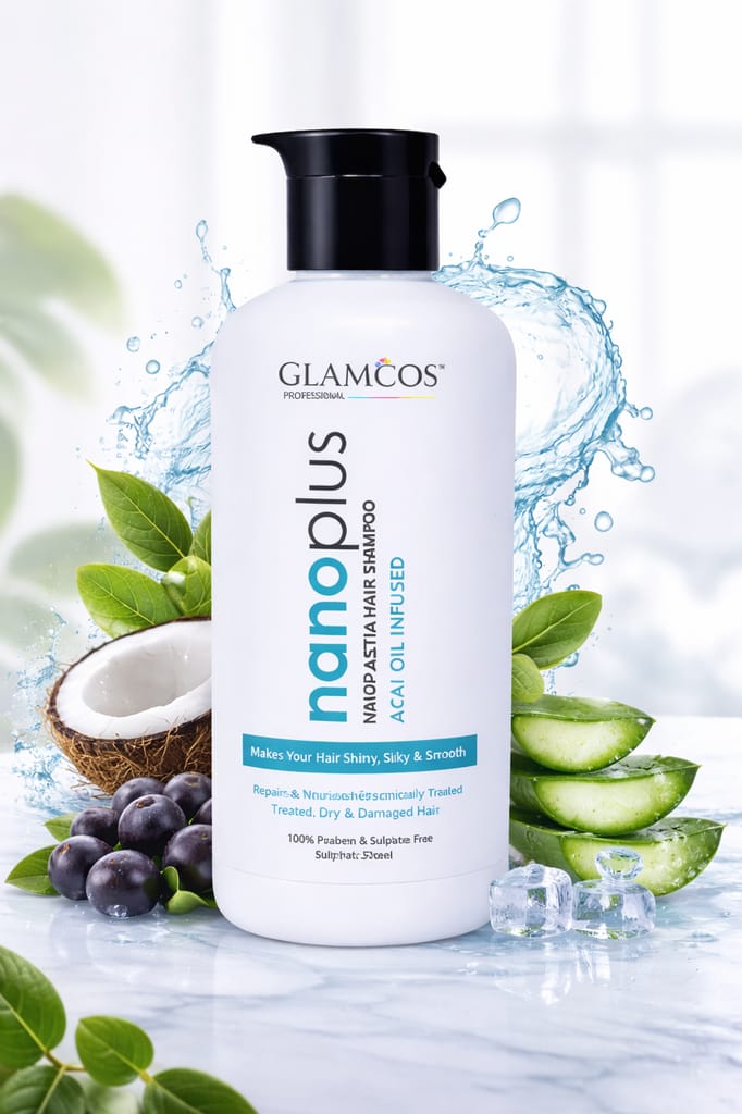 Glamcos Professional Nano Plastia Hair Shampoo | Acai Oil Infused | Repairs Damaged Hair | Smooth, Silky & Frizz-Free Finish | Sulphate & Paraben Free – 300ml view 2