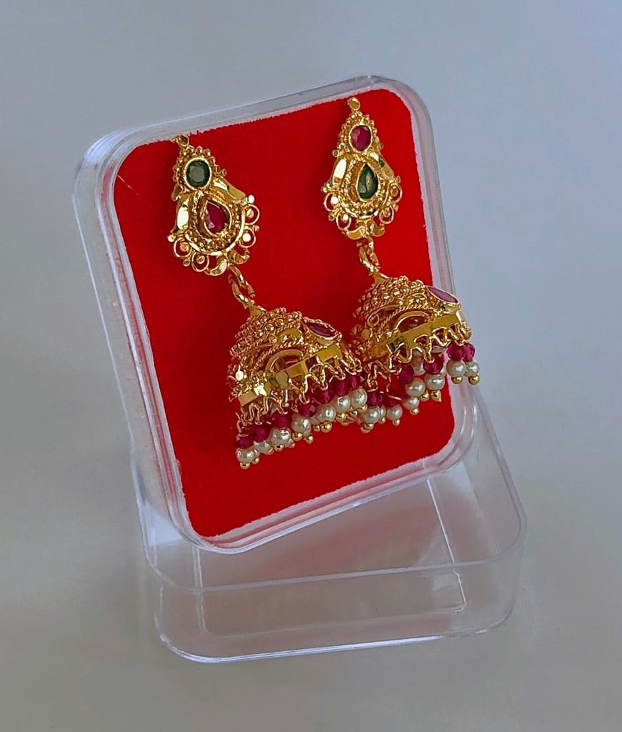 Gold Plated Pearl and Stone Jhumka Earrings view 2