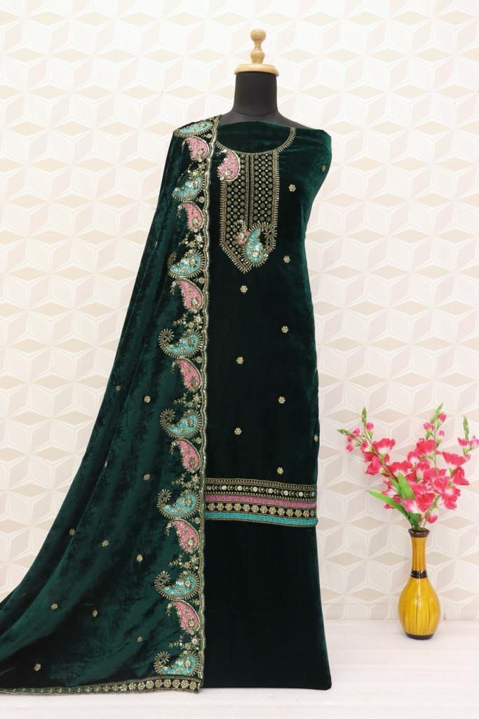 Lorenvelley Fashion Green Velvet Salwar Suit Material Embroidered view 2