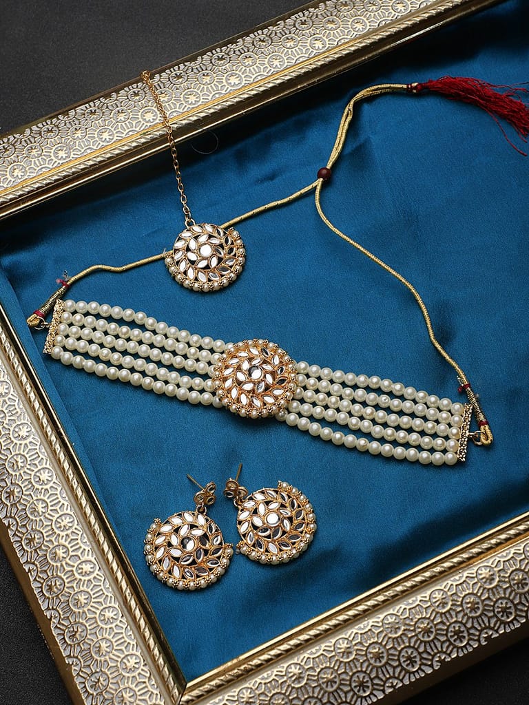Cardinal Off White Multistring Onyx Mirror Choker Necklace Set & Maang Tika view 2