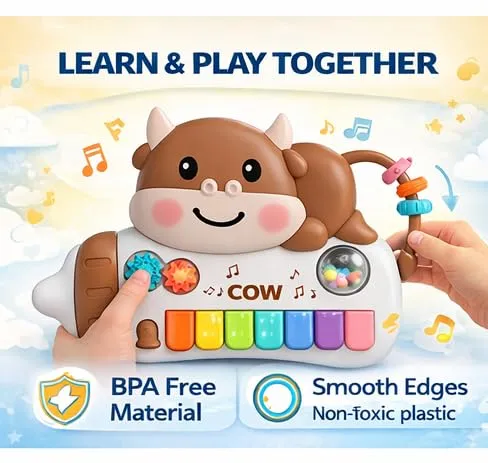 Braintastic Cow Piano Toy for Kids | Musical Keyboard with Lights Sound Animal Music Early Learning Educational | Flashing Light Plastic Piano Toy Gift for Toddlers Boys Girls view 2