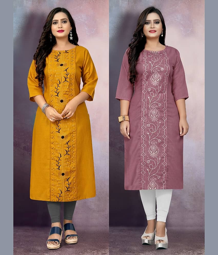 RIAANA Women Cotton Blend Embroidered Straight Kurti ( Multicolor )