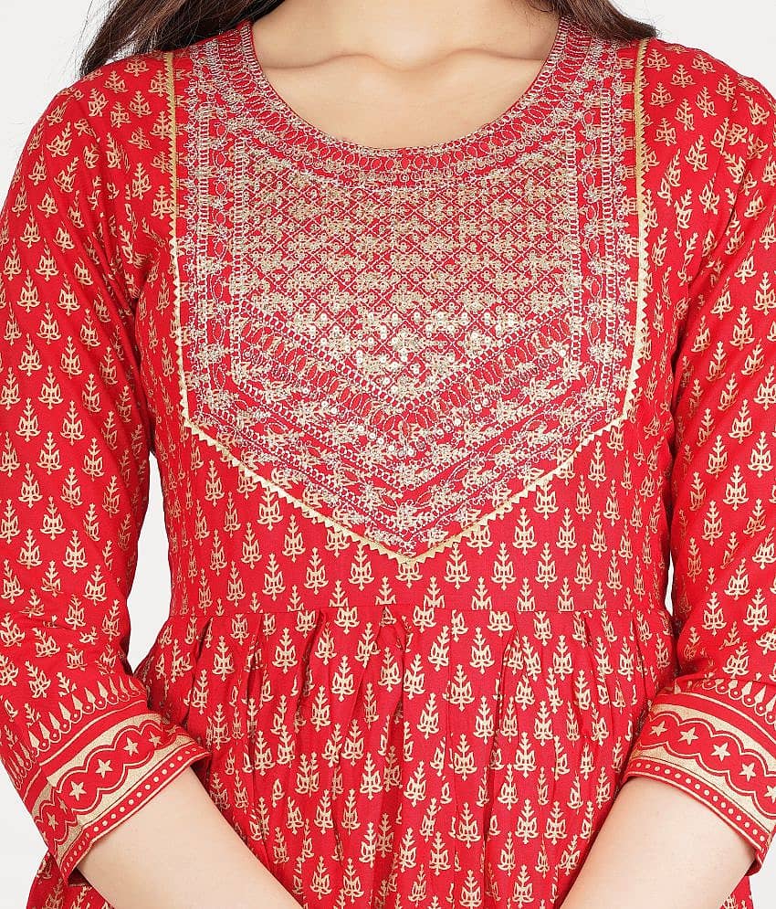 Jaipuri Collection - Red Rayon Women's Flared Kurti ( Pack of 1 ) view 2
