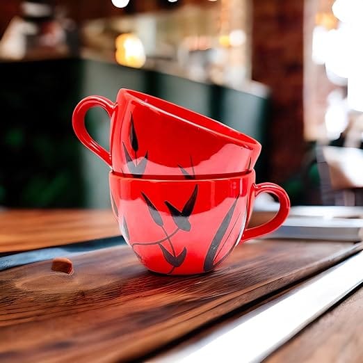 STOREPEDIA Handmade Ceramic Coffee Mug Set of 2 Microwave Dishwasher Safe Coffee Soup Tea Milk Soup Mugs, Cups for Daily Office Multipurpose Use, Jumbo Large Size, 400 ml Red view 2