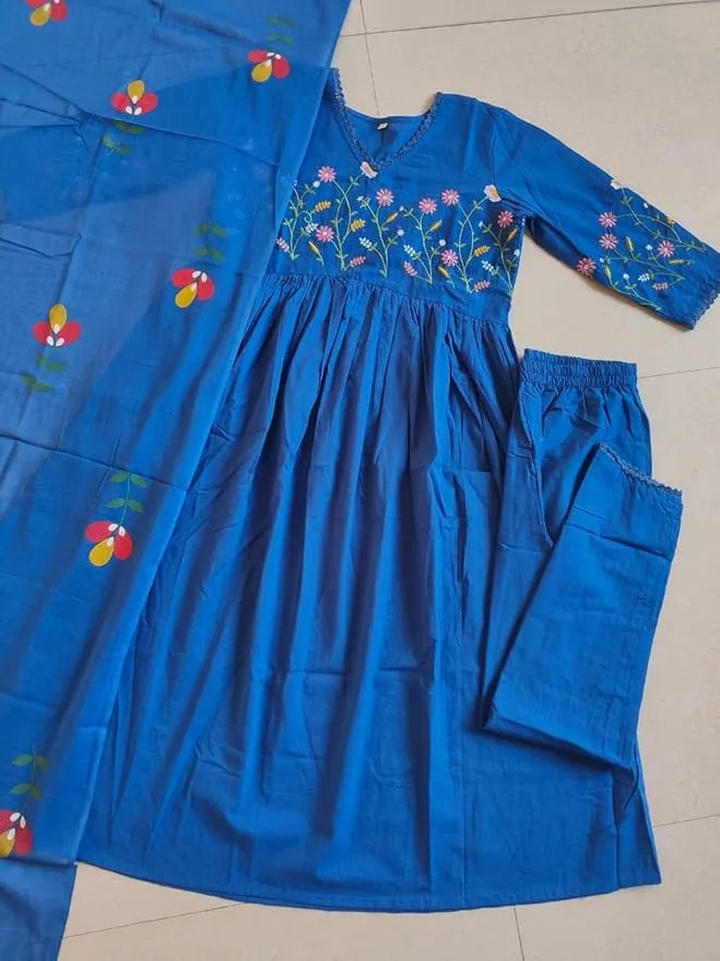 Cotton Malmal Dupatta & Cotton Kurta Set with Embroidery Stylish Cotton Kurti with Matching Pants & Dupatta for Women view 2