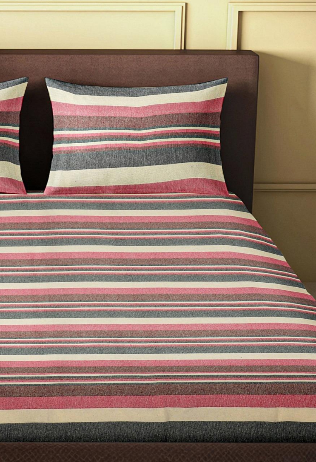 Handloom Cotton Bedsheet With Pillow Covers - Red Striped