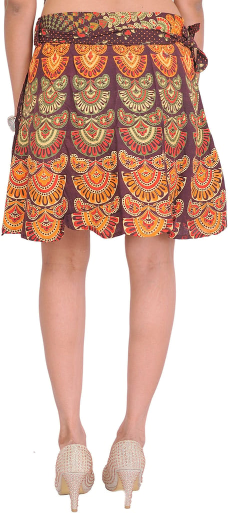 Brown Sanganeri Wrap-Around Mini-Skirt with Printed Motifs view 2