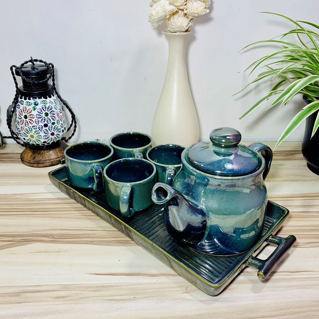Homefrills Premium Stoneware Handmade Glossy Ceramic Tea Kettle Set with 4 Cups(150ml), 1 Kettle(400ml)& 1 Tray /ceramic Good Morning Set- Set of 6 colour-Green,Microwave Safe view 2