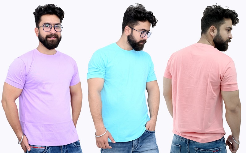 Tru Threads Solid Premium T-Shirt 3 Pcs Combo - Cyan, Lavender, Peach (Size-M)