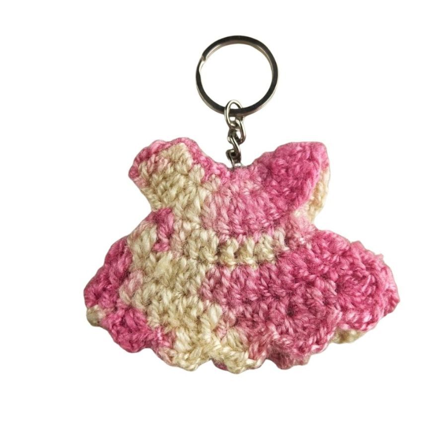 Handmade Crochet Pink Dress Keychain with Pearl Accent view 2