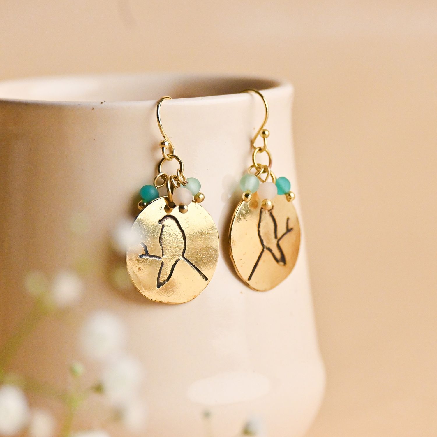 Handcrafted Brass Bird with Beads Earring view 2