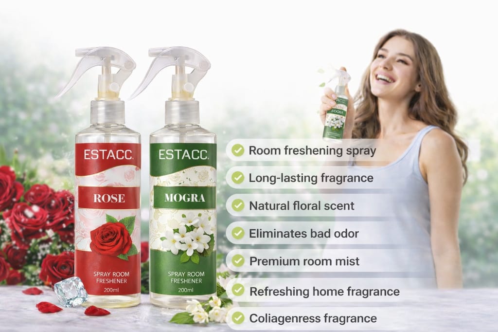 ESTACC Rose & Mogra Spray Room Freshener Combo Pack of 2 (200ml Each) | Long Lasting Floral Air Freshener Spray for Home, Office, Car, Bathroom & Living Room view 2