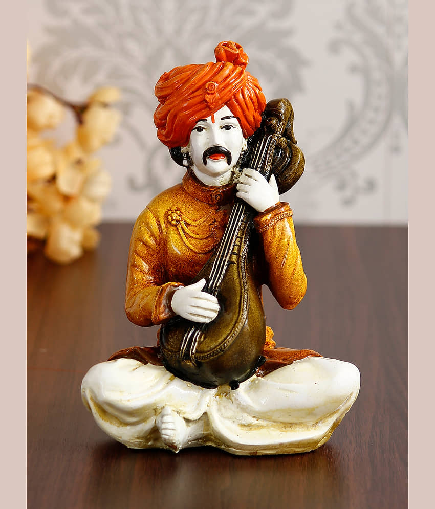 eCraftIndia Orange Rajasthani Musician Playing Sitar Handcrafted Decorative Polyresin Showpiece view 2