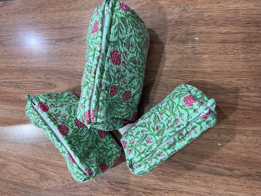 Quilted Cosmetic Bags Set, Mint Green Floral Print, 3-Piece Travel Pouches with Zippers view 2
