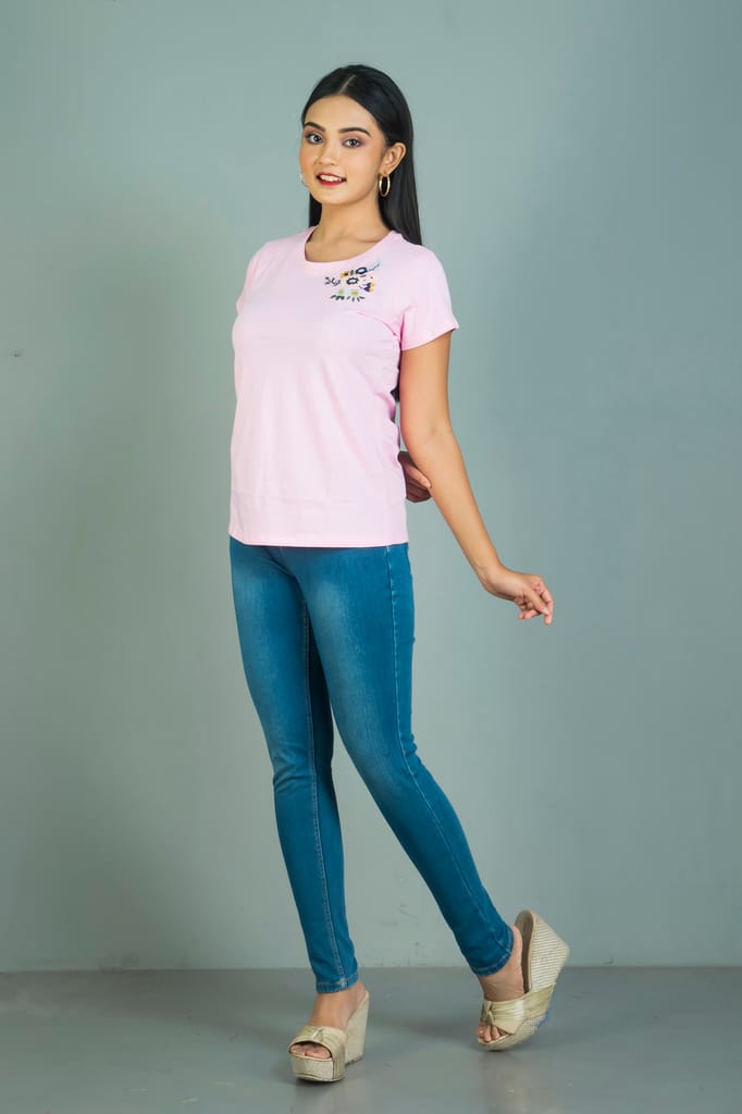 Light pink coloured Hand embroidered Women’s cotton T shirt view 2