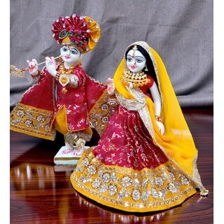 Handcrafted Radha Krishna Poshak | Maroon Yellow Banarsi Silk Deity Outfit view 2