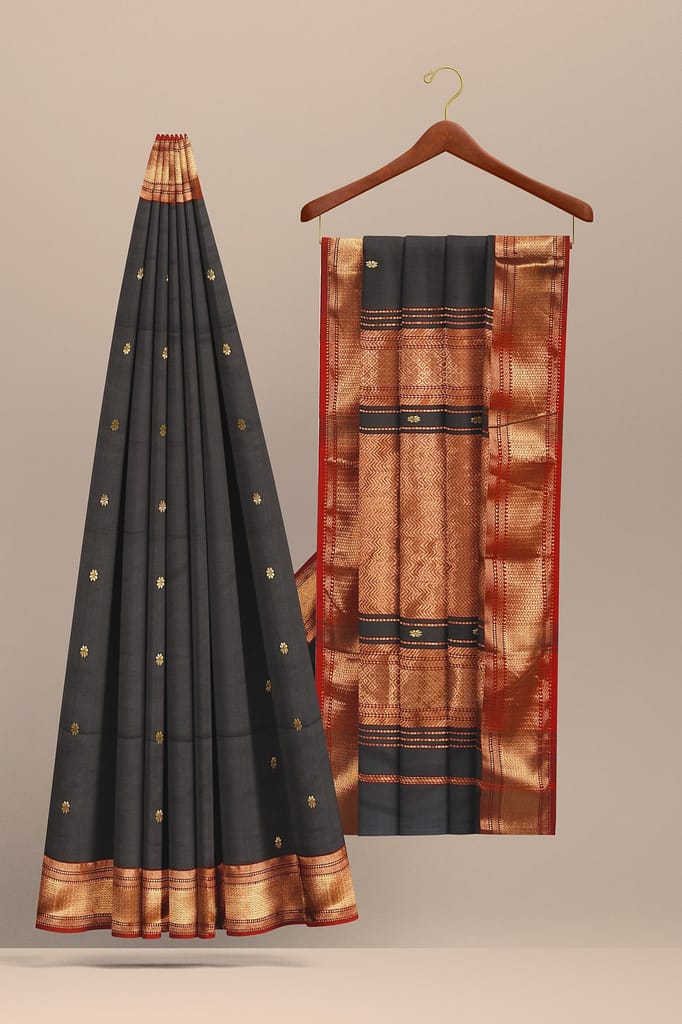 Black Handwoven Mulberry Sausar Silk With Rui Buti And Zari Border Saree SKU-BS10151 view 2