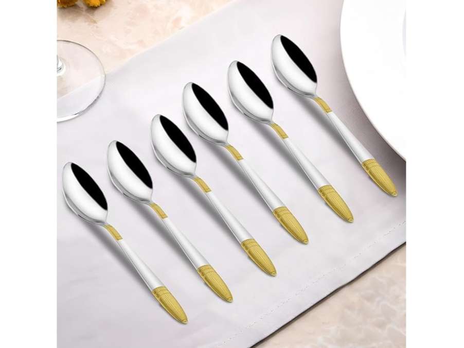 Parage 6 Pieces Stainless Steel 24k Golden Spoons Set, 18 cm Long, Premium Spoons for Home & Kitchen ,24 Karat Gold Plated Big Spoons, Ivory Design
