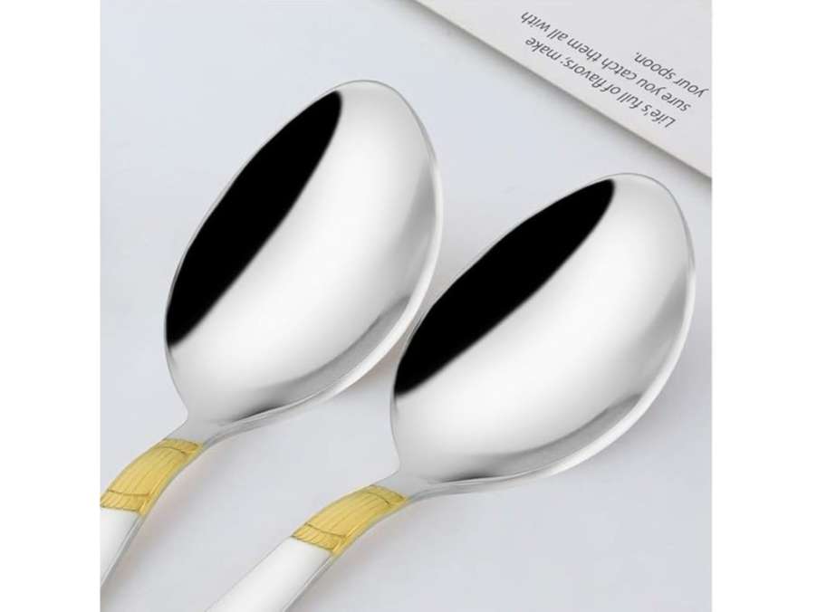 Parage 6 Pieces Stainless Steel 24k Golden Spoons Set, 18 cm Long, Premium Spoons for Home & Kitchen ,24 Karat Gold Plated Big Spoons, Ivory Design view 2