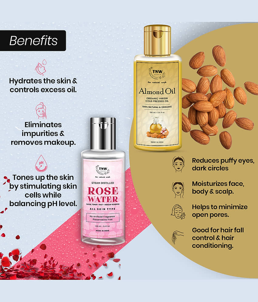 TNW - The Natural Wash Almond Oil 100 ml & Rose Water 100 ml Facial Kit 200 mL Pack of 2 view 2