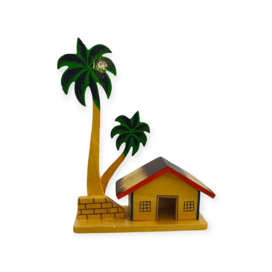 WOODEN MINIATURE HOUSE WITH PALM TREES DECORATIVE SHOWPIECE
