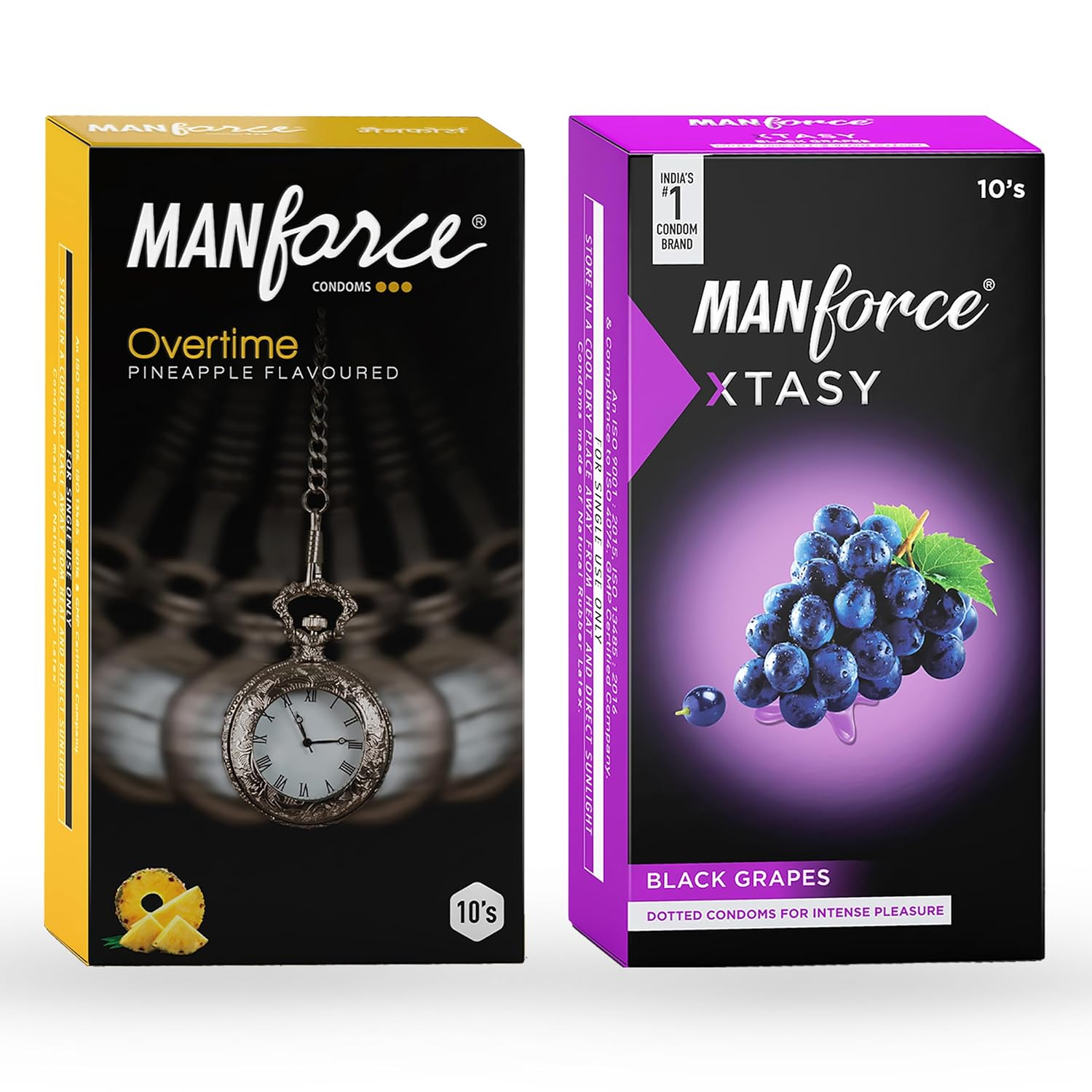 MANFORCE 3 in 1 (Ribbed Contour Dotted) Wild Black Grapes Flavoured Condoms- 10 Pieces & Overtime Pineapple 3in1 (Ribbed Contour Dotted) Condoms - 10 Pieces Condom (Set of 2 20 Sheets) view 2