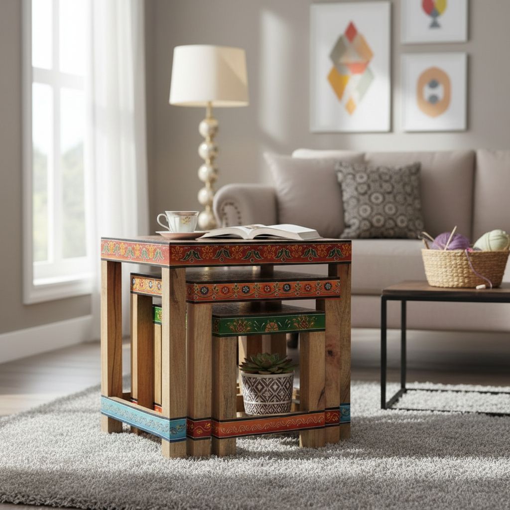Handicraft Wooden Nesting Stool, Side Coffee Table view 2