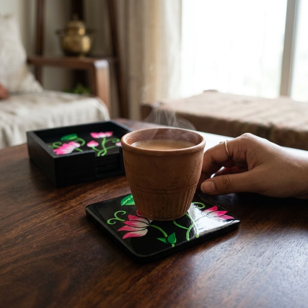Hand Painted Wooden Pichwai Art Square Shape Black Color Set of 4 Coasters With Resin Layer view 2