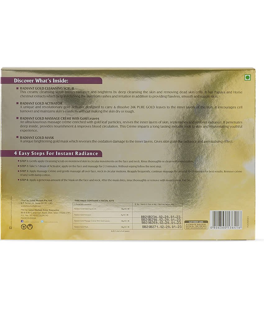 Lotus Herbals Radiant Gold Cellular Glow Facial Kit With 24K Gold Leaves, All Skin Types, 37g view 2