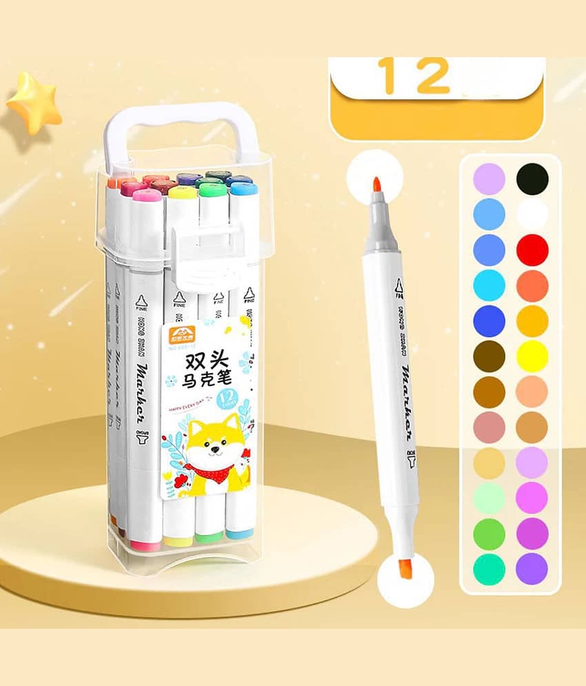 Dual Tip Colorful Art 12 Markers Sketch Pens Colors with Carrying Case for Painting Sketching Drawing