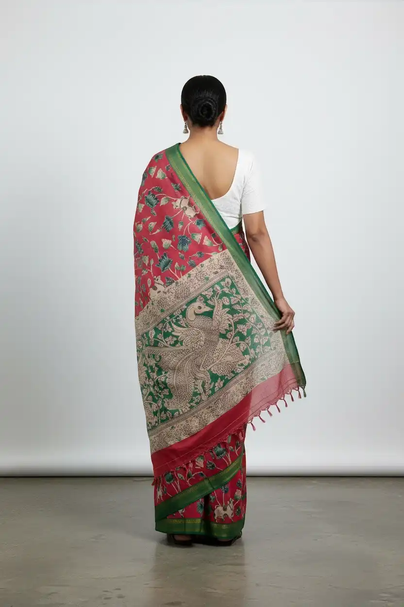 Pedana Kalamkari Mulmul Cotton Saree with Peacock Motif, Pink and Green view 2