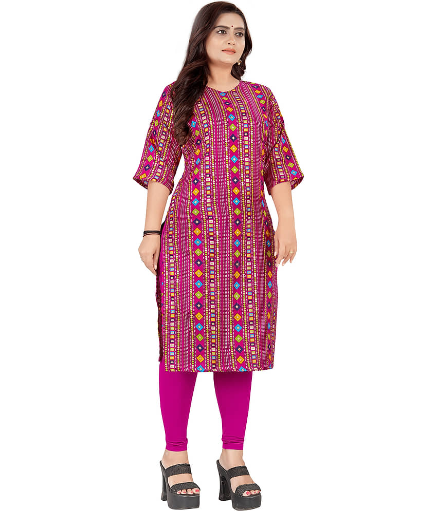 AMTHI Cotton Blend Printed Straight Women's Kurti - Pink ( Pack of 1 ) view 2