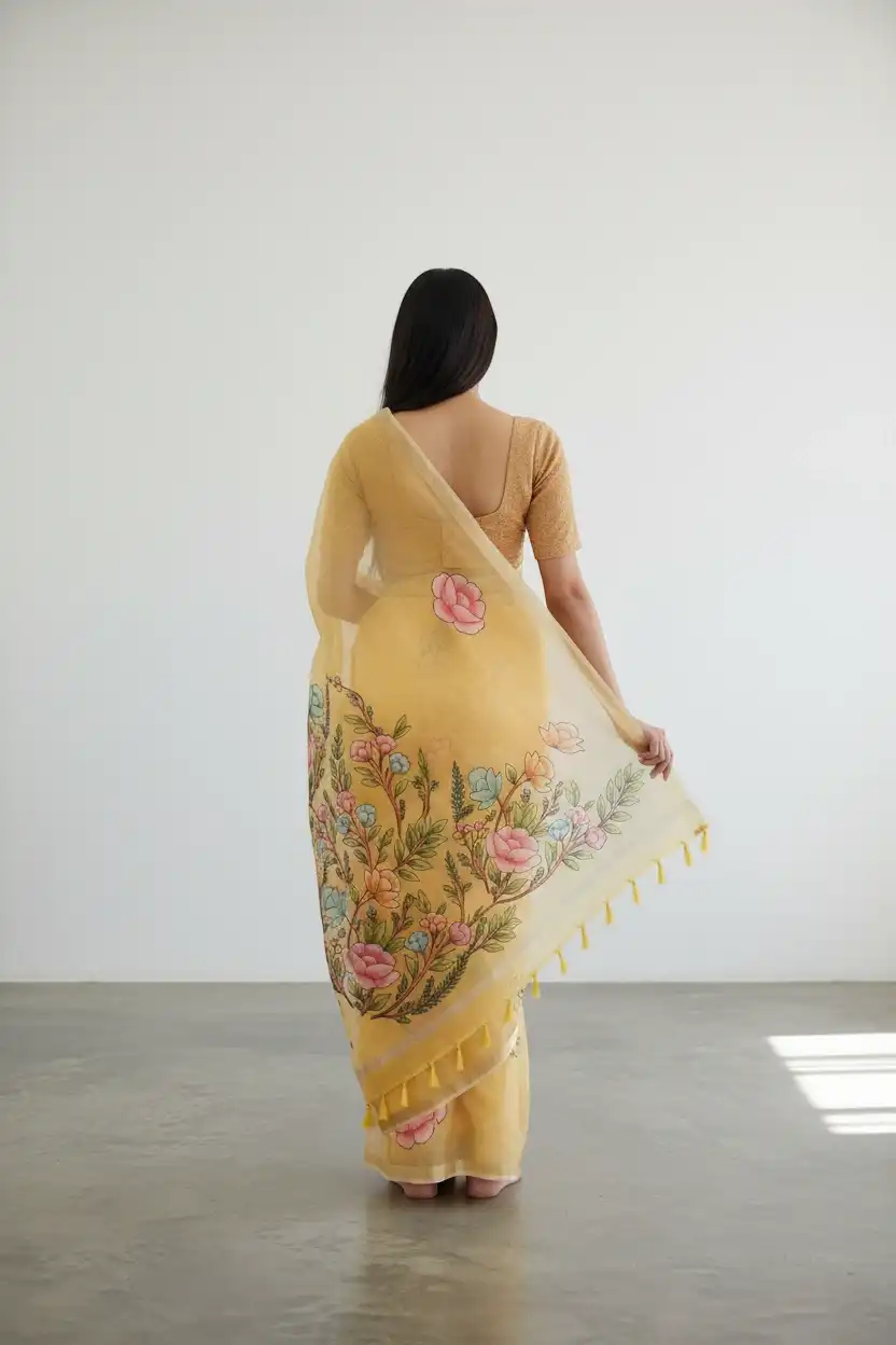 Mustard Kota Doria cotton-silk saree with block-print florals and zari border view 2