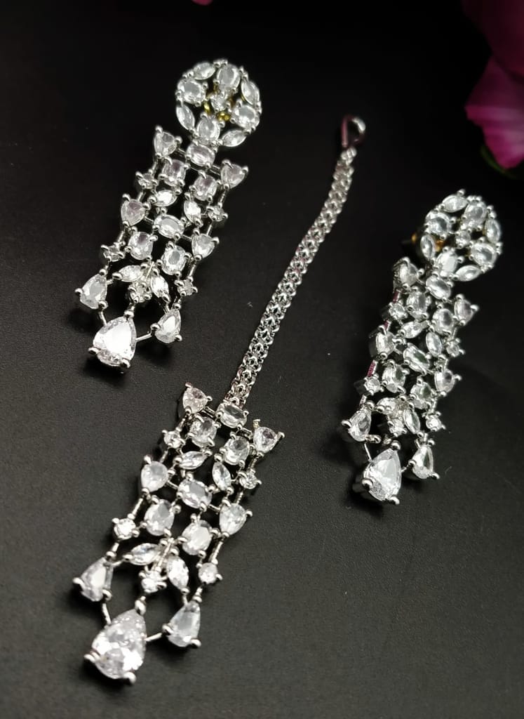 Party wear rose gold jewellery with earings & mangtika view 2
