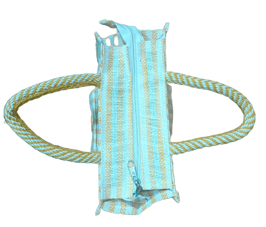 Striped Jute Tote Bag with Button Closure view 2