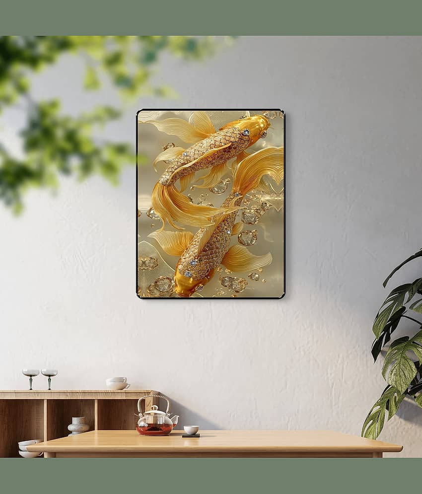 Livin'luxe 3D Golden Koi Fish Wall Art in Black Frame Sparkle Laminated | Feng Shui Wealth Vastu Painting Decor view 2