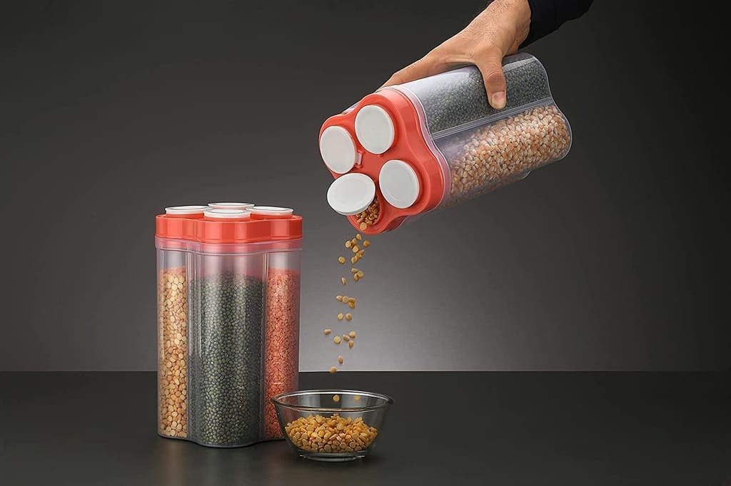 HAPPI Multipurpose Plastic 4 In 1 Masala Box for Kitchen, Spice Boxes for Kitchen, Transparent 4 Section Storage Containers Airtight Lock Grocery,Cereal,Dry Fruits Dabba 2500 Ml (Red) view 2