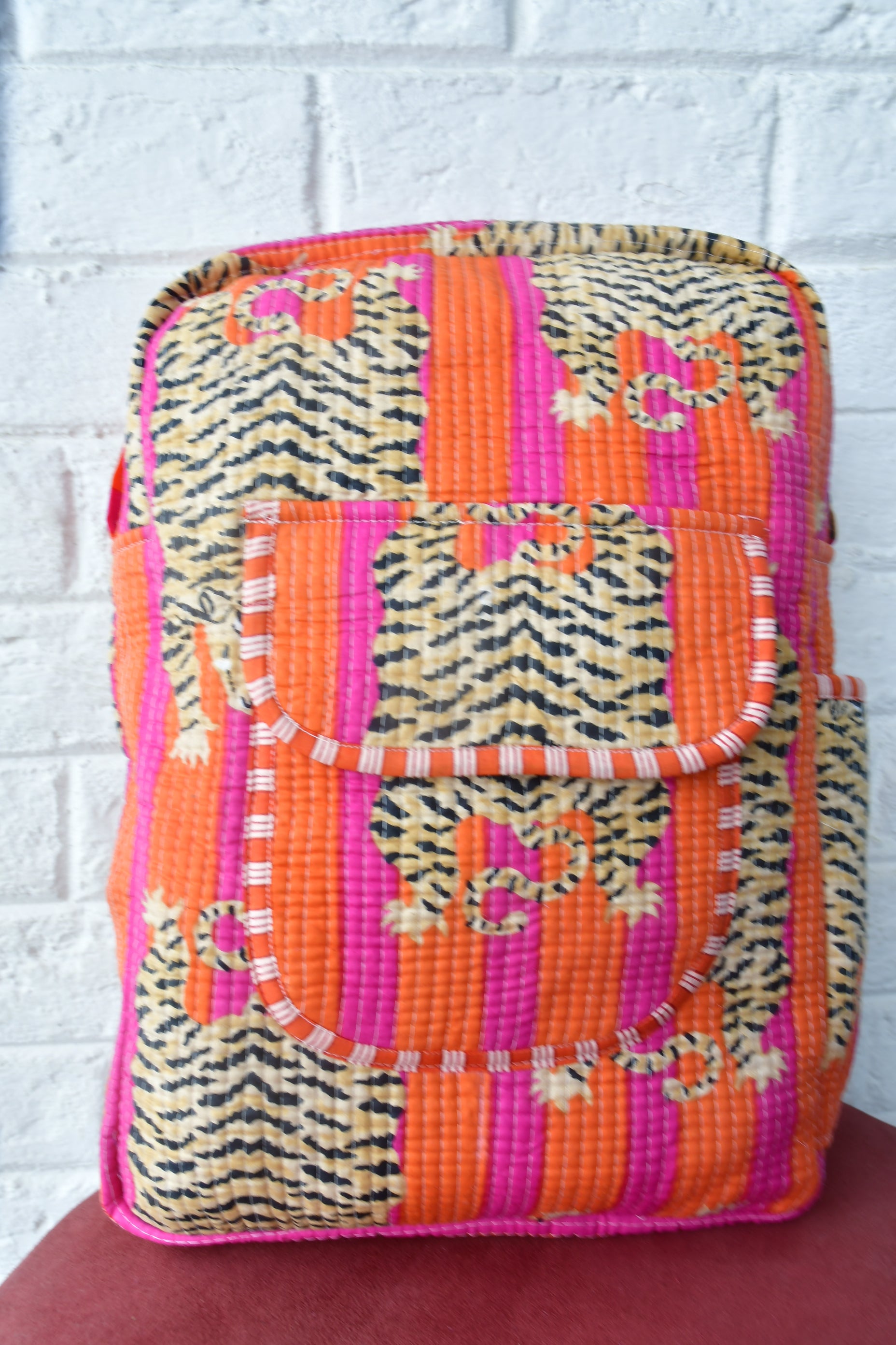 Orange and Pink Tiger Print Handblock Backpack view 2