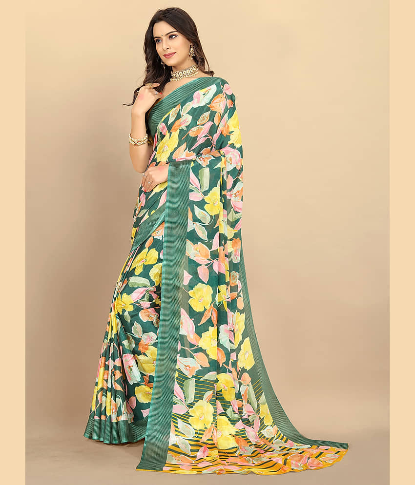 BLEESBURY Chiffon Printed Saree With Unstitched Blouse Piece ( Green ) view 2