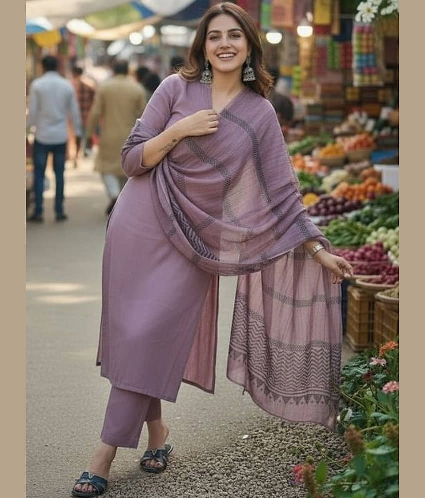 Lee Moda Women Rayon Solid A-line Kurti With Pants ( Purple ) view 2