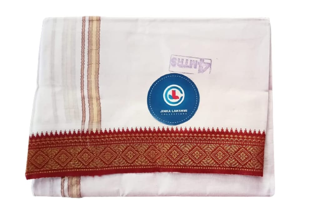 Jinka Lakshmi Collections Handloom White Cotton Dhoti With Big Borders 4 Meters Unstitched Pack of 2 (Multicolor-2) view 2