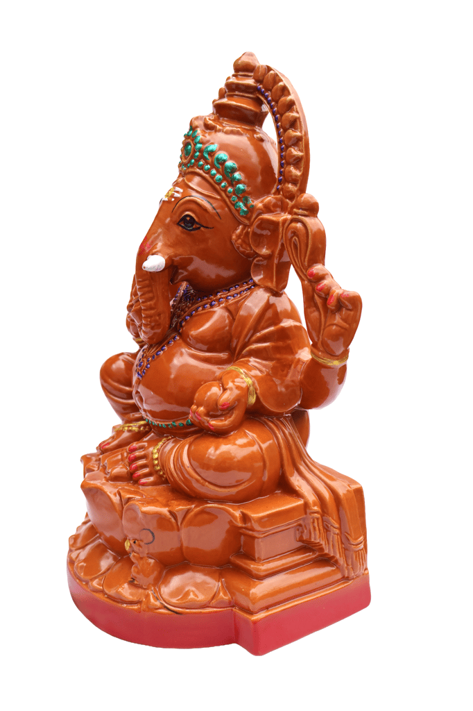 Handcrafted Orange Ganesha Idol for Pooja & Home Decor - Spiritual Lord Ganesh Murti view 2