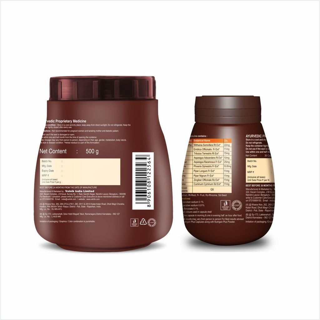 Nutrigain Plus Ayurvedic Weight Gainer Supplement Powder and Capsules 500 Gm Powder & 30 Capsules combo view 2