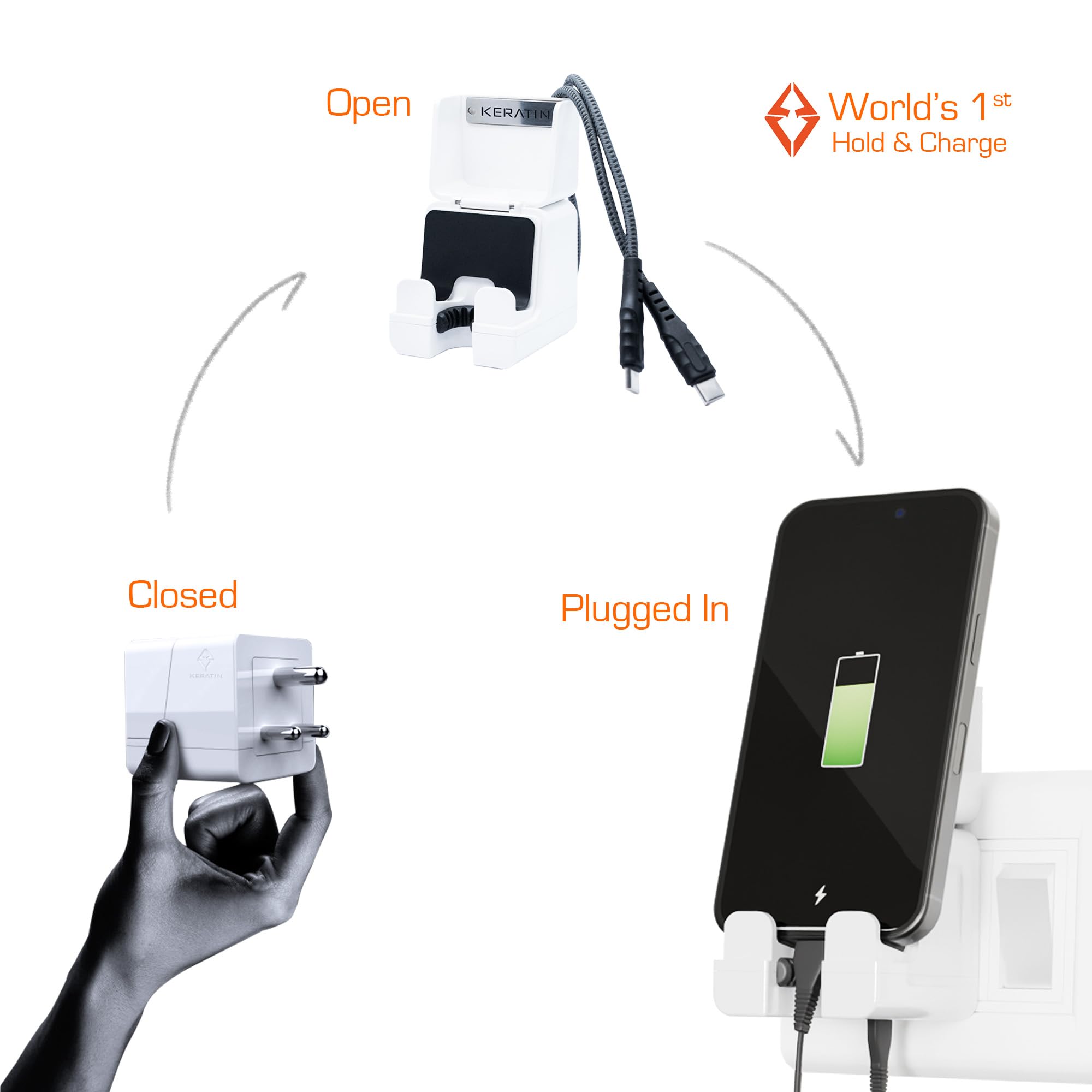 KERATIN 25W Fast Charger Adapter, World's 1st Hold & Charge (PD3.0,PPS), Compatible with iPhone (17/16/15 and other series), SAMSUNG S/A/F/M, Pixel, MI Xiaomi, iQoo, Vivo, Oppo, with Type C to C Cable view 2
