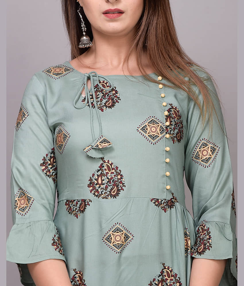 EXPORTHOUSE - Green Rayon Women's Flared Kurti ( Pack of 1 ) view 2