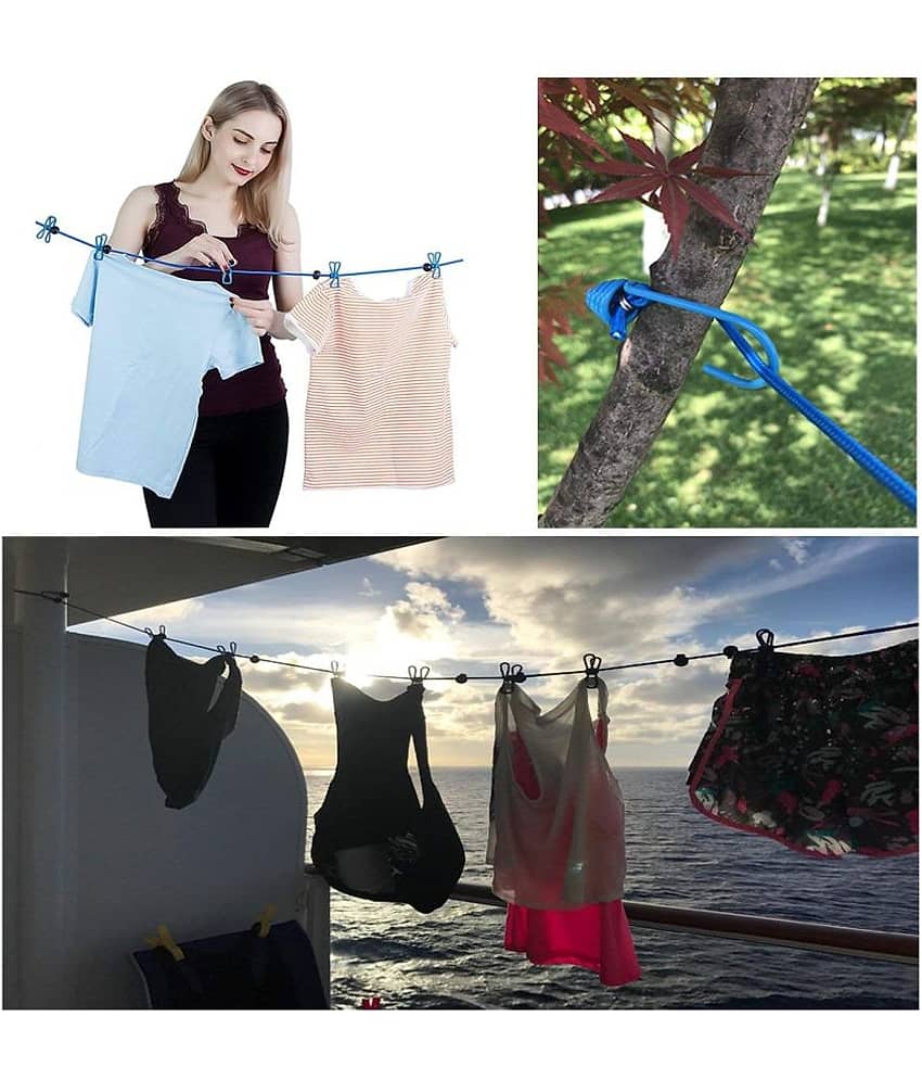Bhavyta Portable Multi Functional Drying Rope with 12 Clips and 2 Hooks/Portable Outdoor Travel Clothesline Rope Clothes Hanging Hook (Multicolor) view 2