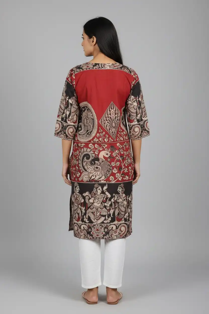 Pattachitra Print Cotton Kurti Black Maroon Cream view 2