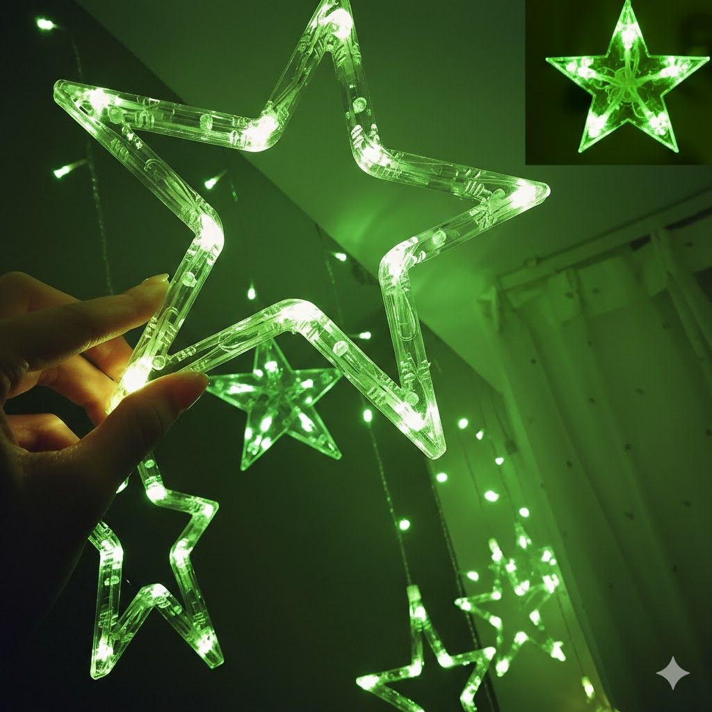 GLOWSERIE Green LED Star Curtain Hanging String Lights for Home, Wedding, Party, and Festival Decoration view 2